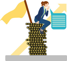 コインの上に座る女性実業家のイラスト