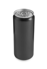 Energy drink in black aluminum can isolated on white