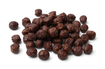 Tasty chocolate cereal balls isolated on white