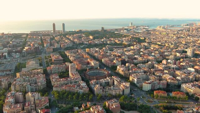 Panoramic aerial view of Barcelona cityscape with octagon buildings. Streets and blocks
