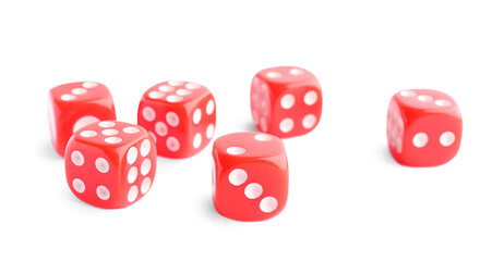 Many red game dices isolated on white