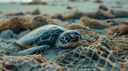 A turtle lies on the beach with a net in front of it. Turtle surrounded by shells and seaweed