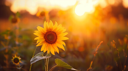 A sunflower is in a field with the sun setting in the background. The sunflower is the main focus of the image, and it is surrounded by other flowers - obrazy, fototapety, plakaty