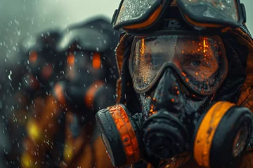 Fototapeten Fictional character in gas mask and goggles braves rain in action film scene © Vladimir
