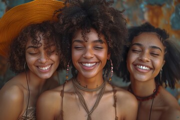 three women are posing for a picture together and smiling