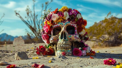 Mexican Skull adorned with flowers at an altar in the desert