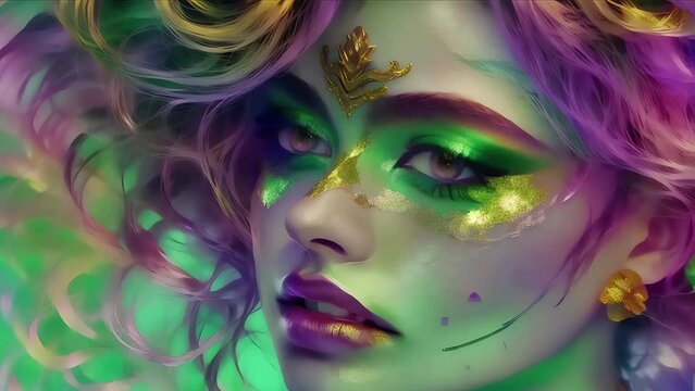 Abstract portrait of a woman in purple green tones make up and gold sparkle make up, purple hairs. The intricate patterns evoke a sense of depth and movement. High quality 4k footage