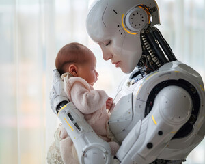 In a softly illuminated room, a technologically advanced humanoid robot cradles a sleeping newborn in its arms, demonstrating a scene that blurs the lines between human and machine tenderness