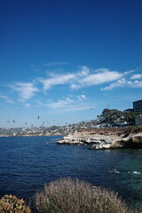 Seaside Island View: A scenic panorama capturing the coastal beauty of La Jolla Cove, with clear blue waters, rocky shores, and a distant cityscape