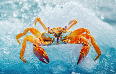 Large orange crab on blue ice close up