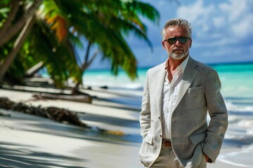 Confident mature businessman by the beach on holiday
