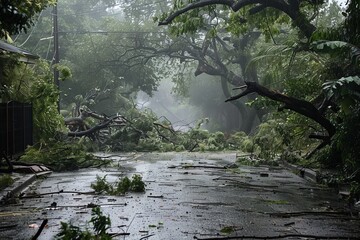 Hurricane-force winds sweep through the neighborhood, uprooting trees and scattering debris. - obrazy, fototapety, plakaty