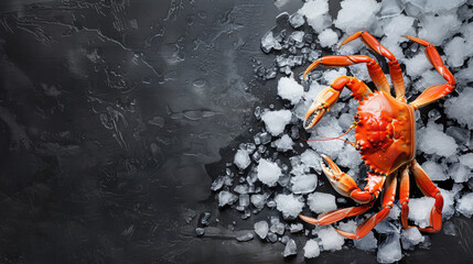 Large orange crab on crushed ice on a dark background, copy space
