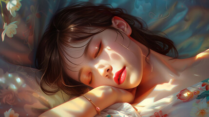 a beautiful girl sleeping with her eyes closed at night, in the style of shilin huang, romantic emotivity, sung kim, relatable personality, michael komarck , cartoon mis-en-scene, realistic figures