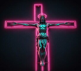 a crucifix with a neon sign that says jesus on it