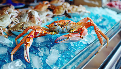 big orange crab on ice in a seafood store