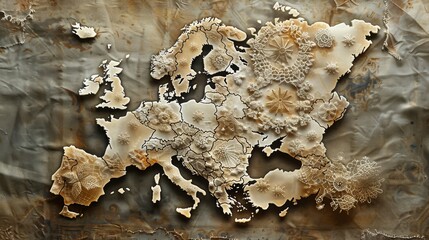 Artistic map of Europe with lace patterns on a crumpled parchment-like background
