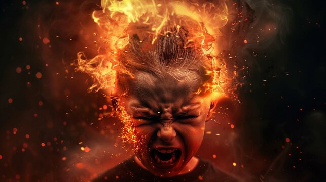 head of a angry little child exploding on dark background