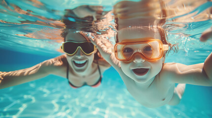 Naklejka premium A baby is swimming in a pool while a woman is watching. The baby smiles and enjoys playing in the water.
