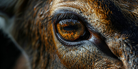 Closeup portrait of horse's head and eye dark Browne color brown hair most have eye black eyelashes  - obrazy, fototapety, plakaty