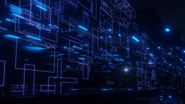 Fly through technology cyberspace with neon glow. Sci-fi flight through hi-tech technology tunnel. Glow blue line form pattern like sci-fi hologram. 3d looped seamless 4k bright background. Data flow