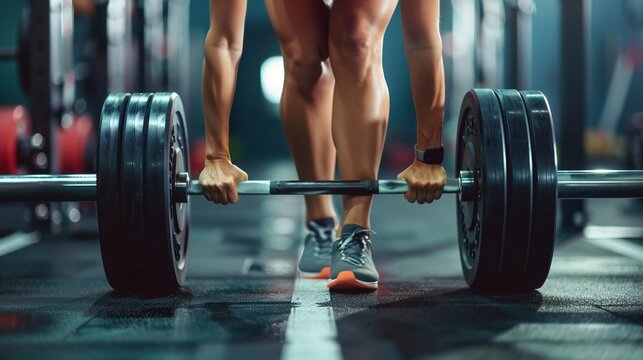 Primo piano sulle mani di un atleta che eseguono stacchi da terra, allenamento fitness, sollevamento di bilancieri pesanti 