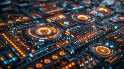 Fototapeta premium Sleek futuristic UI, holographic interfaces with neon accents, bustling cybernetic city backdrop, night, neon-lit ambiance, soft glows and sharp contrasts, AI Generative