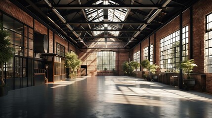 The expansive interior of an industrial loft-style warehouse, rendered in hyper-realistic detail The focus is on the harmonious blend of old and new, with weathered brick walls, AI Generative - obrazy, fototapety, plakaty