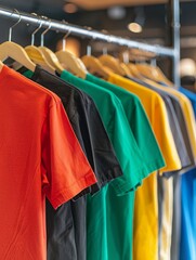 Obraz premium T-shirts in tinta unita di vari colori viste sugli appendiabiti. Abbigliamento, moda. 