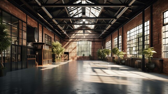 The expansive interior of an industrial loft-style warehouse, rendered in hyper-realistic detail The focus is on the harmonious blend of old and new, with weathered brick walls, AI Generative