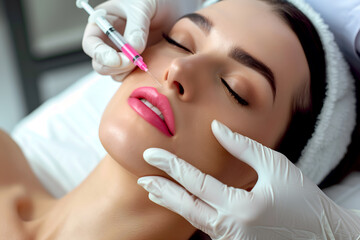 Lip filler injection. Cosmetic perfection with lip injection treatment. Precision filler technique for fuller lips. Beauty enhancement through lip filler application. Hyaluronic acid filler injection