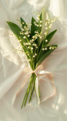 Aesthetic lily of the valley bouquet tied with ribbon, light background, wedding concept invitation. Generative AI