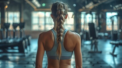 Ragazza, vista di spalle, si allena in palestra. Abbigliamento fitness