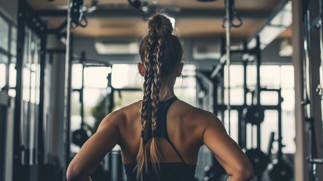 Donna vista di spalle, in ottima forma fisica, che fa fitness. Sullo sfondo attrezzature sportive