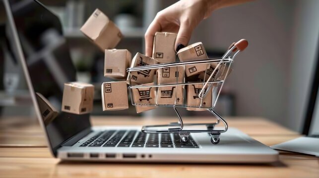 Concetto di shopping online con un carrello pieno di scatole sopra un computer portatile 