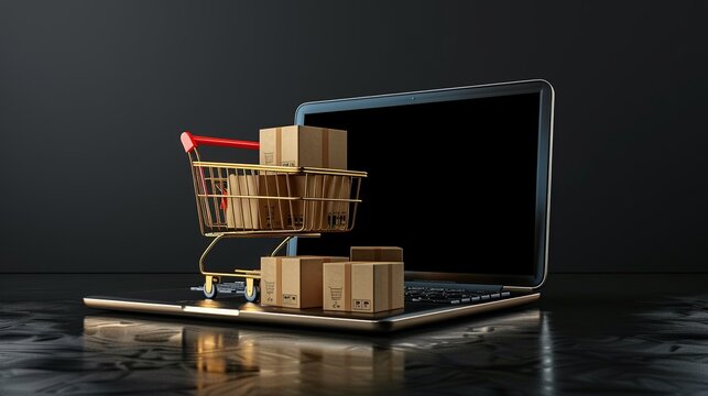 Concetto di shopping online con un carrello pieno di scatole sopra un computer portatile 