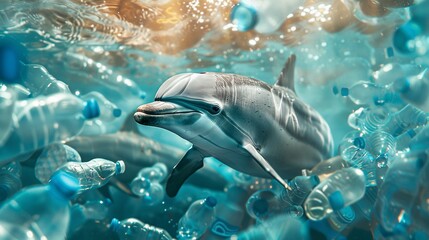 Delfino nuota in acque inquinate da bottiglie di plastica, simbolo dell' inquinamento ambientale