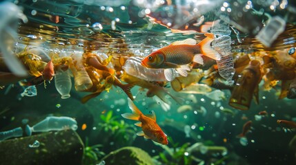 Pesci rossi nuotano in acque inquinate da bottiglie di plastica, simbolo dell' inquinamento ambientale - obrazy, fototapety, plakaty
