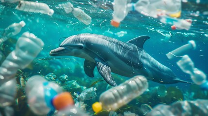 Delfino nuota in acque inquinate da bottiglie di plastica,, segnale di inquinamento ambientale