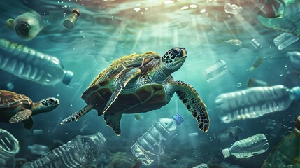 Tartaruga nuota nel mare inquinato da bottiglie di plastica - obrazy, fototapety, plakaty