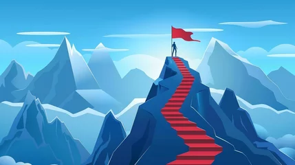 Deurstickers Persona che,  in cima ad una scalinata sulla montagna, ha raggiunto la bandiera, simbolo dell'obiettivo conseguito. © Michela