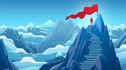 Persona che,  in cima ad una scalinata sulla montagna, ha raggiunto la bandiera, simbolo dell'obiettivo conseguito. - obrazy, fototapety, plakaty