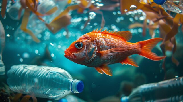 Pesci rossi nuotano in acque inquinate da bottiglie di plastica, simbolo dell' inquinamento ambientale
