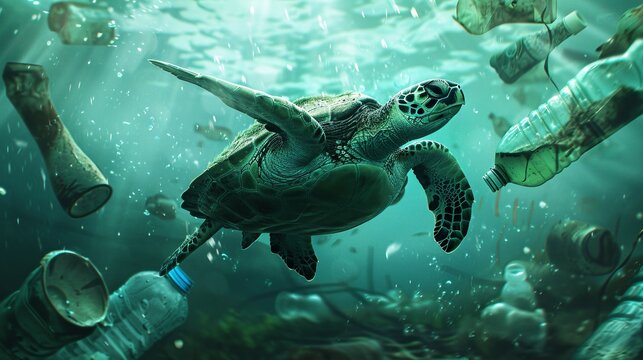 Tartaruga nuota in acque inquinate da bottiglie di plastica, segnale dell'inquinamento ambientale