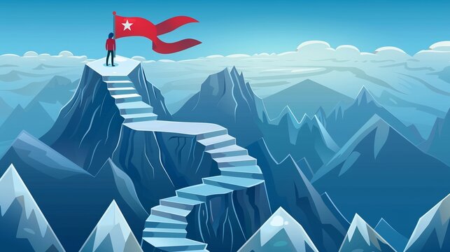 Persona che,  in cima ad una scalinata sulla montagna, ha raggiunto la bandiera, simbolo dell'obiettivo conseguito.