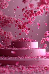 In a 3D background, a pink podium displays a beautiful flower while rose petals gracefully fall, creating an enchanting setting for showcasing cosmetic and beauty products.