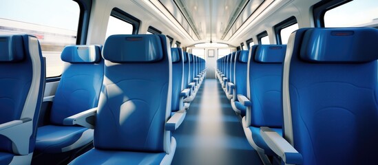 Empty blue seats inside a contemporary high-speed train - captured in a high-quality photo.