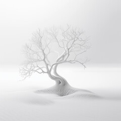 Winter Serenity, Minimalist Photorealistic Illustration of Snowy Tree in Tranquil Landscape, Leafless Tree, Black and white Minimal Photography, Monochrome Nature, icy cold weather