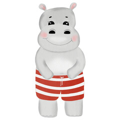 Hippo watercolor cartoon. Cute hand drawn hippopotamus on isolated white background. Children's design for cards and educational cards