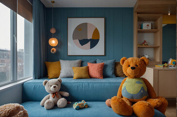a blue couch with a teddy bear on it and a picture of a butterfly on the wall. ai generated